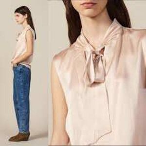 Sandro Paris Silk Sleeveless Blouse Tie Neck Champagne Gold Women's Top